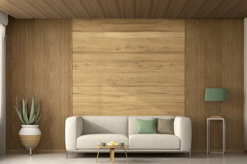 Desain plafon PVC ruang tamu tipe 36 dari JAVAFON dengan tampilan minimalis dan elegan